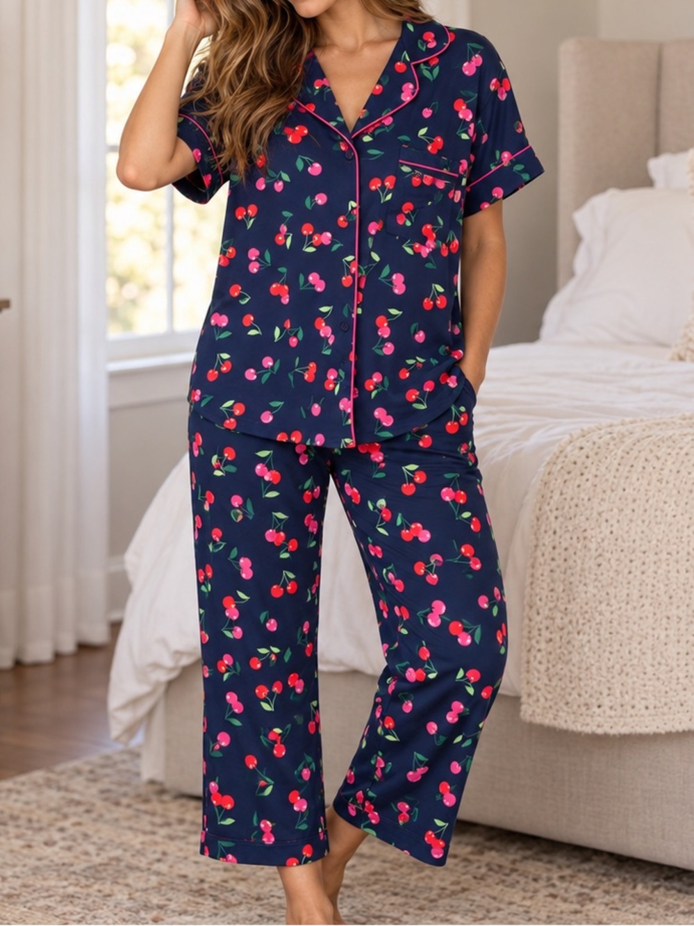 NWT kate spade Navy Cherry-Print Short-Sleeve Pajama Set M